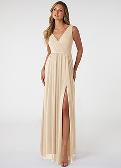 Azazie Tanicia Bridesmaid Dresses Champagne A-Line V-Neck Pleated Mesh Dress image1