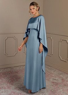 Azazie Eli Mother of the Bride Dresses Dusty Blue Sheath Boatneck Stretch Satin Dress image3