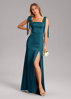 Azazie Frostine Bridesmaid Dresses Ink Blue A-Line Bow Stretch Satin Dress image1