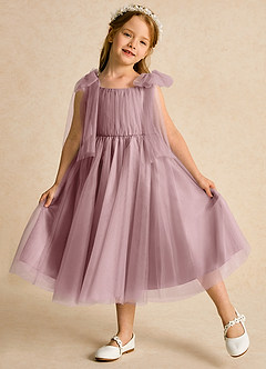 Azazie Dori Robe Demoiselle D'honneur Fillette Robe Trapèze en Tulle Rayé Rose Poussiéreuse image4