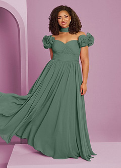 Barbie ♥ Azazie Bridesmaid Dresses Eucalyptus A-Line Off the Shoulder Chiffon Convertible Dress image10