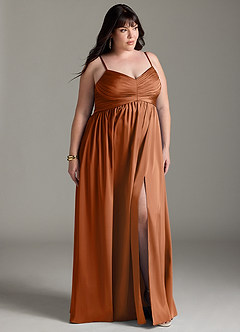 Azazie Alia Bridesmaid Dresses Copper A-Line Pleated Stretch Satin Dress image12