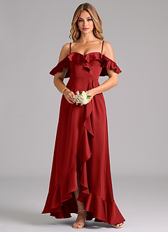 Azazie Lyra Bridesmaid Dresses Pomegranate A-Line Off the Shoulder Stretch Satin Convertible Dress image5