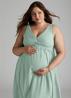 Azazie Yetta Maternity Bridesmaid Dresses A-Line V-Neck Gathered Chiffon Floor-Length Dress image8