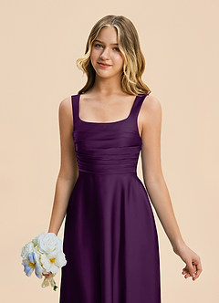 Azazie Azaria Junior Grape A-Line Pleated Stretch Satin Dress image7
