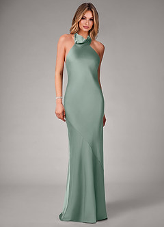 Azazie Velli Suknie dla druhen Syrena Wysoka Kołnierz Satyna elastyczna Do ziemi Sukienka image4