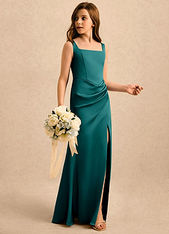 Azazie Noah Girls Formal Flower Girl Dresses Peacock Sheath Pleated Stretch Satin Dress image3