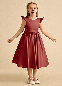 Azazie Dumpling Flower Girl Dresses Terracotta A-Line Bow Matte Satin Dress image2