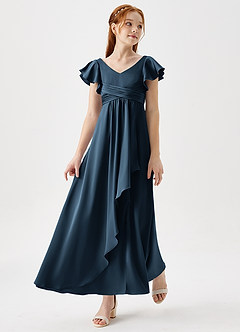 Azazie Omari Junior Vestido Azul Marino Oscuro de Satén Elástico de Corte en A con Plisado image3