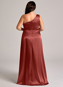 Azazie Brooke Bridesmaid Dresses Terracotta A-Line One Shoulder Metallic Satin Dress image9