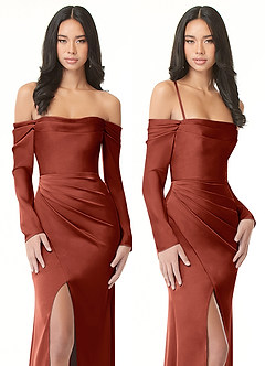 Azazie Hallie Bridesmaid Dresses Terracotta Sheath Off-The-Shoulder Long Sleeve Stretch Satin Convertible Dress image9