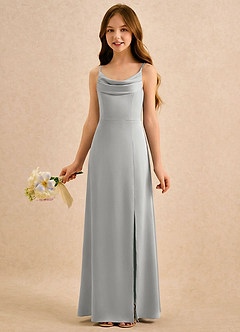 Azazie Shira Girls Formal Robe Demoiselle D'honneur Fillette Robe Trapèze en Satin extensible Plissée Argent image1