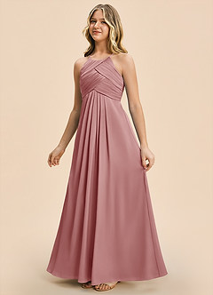 Azazie Ginny Junior Vestido Rosa Polvorienta de Satén Elástico de Corte en A con Plisado image7