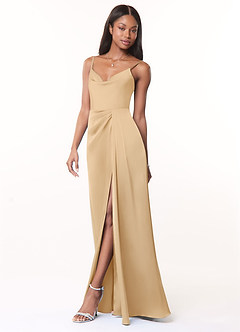 Azazie Brielle Bridesmaid Dresses Gold A-Line Cowl Spaghetti Straps Stretch Satin Dress image3