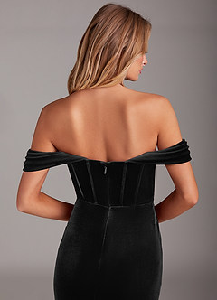 Azazie Jas Jurken voor bruidsmeisjes Converteerbaar Jurk van flueel met Kolom Off-the-shoulder korset Zwart image7