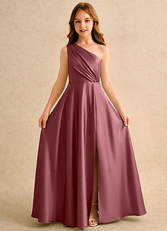 Azazie Puddles Girls Formal Robe Demoiselle D'honneur Fillette Robe Trapèze en Satin extensible Une épaule Rose Du Désert image5