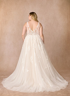 Azazie Joie At-home Try On Dresses Diamond White Champagne A-Line V-Neck Sequins Tulle Dress image10