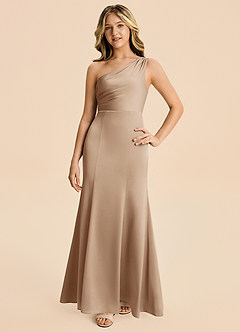 Azazie Ren Junior Taupe A-Line Pleated Stretch Satin Dress image4