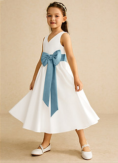 Azazie Darling Flower Girl Dresses Ivory Moody Blue A-Line Bow Cotton Dress image3