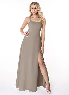 Azazie Jay Bridesmaid Dresses Taupe A-Line Square Neckline Side Slit Chiffon Dress image1