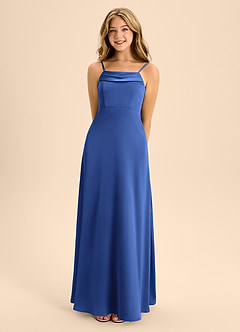 Azazie Anselie Junior Vestido de Azul Real de Satén Elástico de Corte En A con Vestidos sin tirantes image4