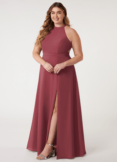 Azazie Clarice Vestidos de damas de honor Vestido de Merlot de Gasa de Corte en A con Halter image11