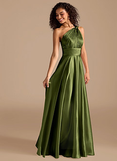 Azazie Charlize Robes de demoiselle d'honneur Robe Trapèze en Satiné métallisé Ue épaule Olive image6
