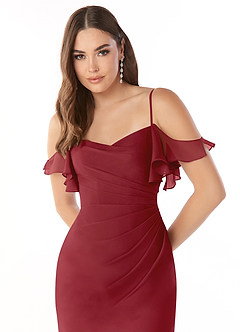 Azazie Emeralda Bridesmaid Dresses Pomegranate Sheath Off the Shoulder Chiffon Dress image6