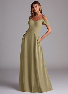 Azazie Marley Robes de demoiselle d'honneur Robe Trapèze Convertible en Mousseline de soie Épaule décolletée Vert Mousse image1