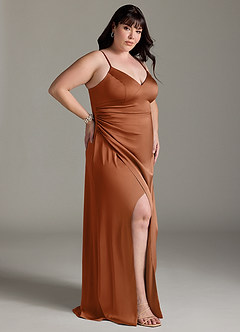 Azazie Marchella Bridesmaid Dresses Copper A-Line Corset Stretch Satin Dress image9
