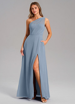 Azazie Phaedra Robes de demoiselle d'honneur Robe Trapèze en Mousseline de soie Ue épaule Bleu Poussiéreux image1