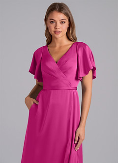 Azazie Ambrosia Bridesmaid Dresses Fuchsia A-Line Pleated Stretch Satin Dress image2