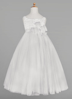 Azazie Lupine Flower Girl Dresses Diamond White Ball-Gown Sequins Matte Satin Dress image5