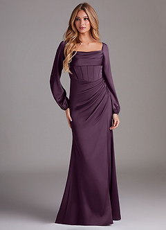 Azazie Charissa Bridesmaid Dresses Plum Sheath Long Sleeve Stretch Satin Dress image3
