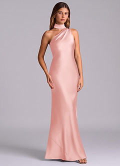 Azazie Seona Robes de demoiselle d'honneur Robe Sirène en Satin extensible Une épaule Rose Poudré image3