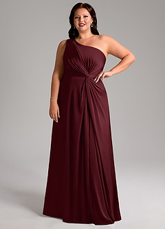 Azazie Brooke Vestidos de damas de honor Vestido de Cabernet de Satén Elástico de Corte en A con Hombro unilateral image12