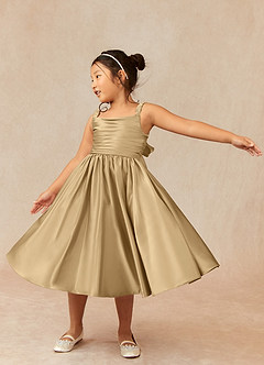 Azazie Cutie Pie vestidos de niña de las flores Vestido de Oro de Satin Mate de Corte En A con Plisado image3