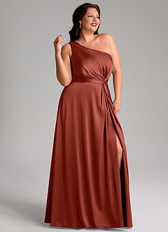 Azazie Brooke Bridesmaid Dresses Terracotta A-Line One Shoulder Stretch Satin Dress image11