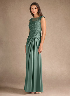 Azazie Santa Barbara Mother of the Bride Dresses Eucalyptus Sheath Pleated Stretch Satin Dress image6