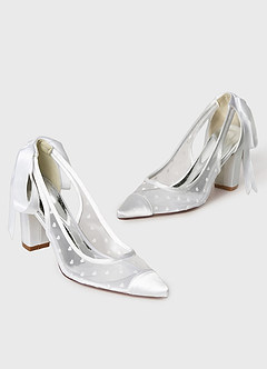 front Tulle Bow Slingback Block Heel Wedding Shoes