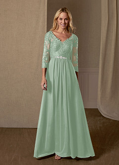 Azazie Hayek At-home Try On Dresses Agave A-Line V-Neck Lace Chiffon Dress image1