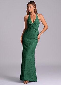 Azazie Valerie Final Sale Dark Green Mermaid Pleated Floral Burnout Dress image4
