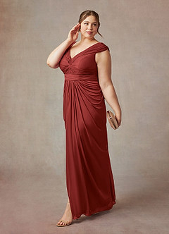 Azazie Lisolette Mother of the Bride Dresses Rust Sheath Pleated Mesh Dress image11