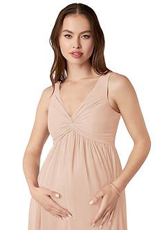 Azazie Yetta Maternity Bridesmaid Dresses A-Line V-Neck Gathered Chiffon Floor-Length Dress image6