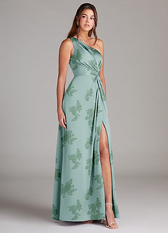 Azazie Brooke Robes de demoiselle d'honneur Robe Trapèze en Satin extensible Ue épaule Fleurs De Sauge Poussiéreuse image4