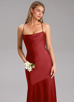 Azazie Grata Bridesmaid Dresses Pomegranate Sheath Side Slit Stretch Satin Dress image6