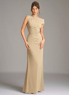 Azazie Nazanin Bridesmaid Dresses Champagne Mermaid Off the Shoulder Premium Stretch Jersey Dress image3