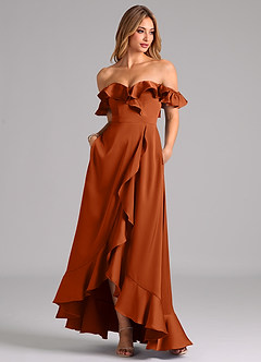 Azazie Lyra Bridesmaid Dresses Burnt Orange A-Line Off the Shoulder Stretch Satin Convertible Dress image3