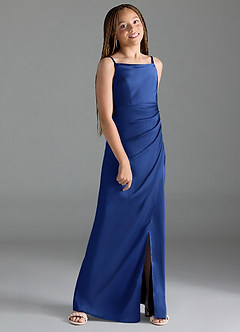 Azazie Leonis Junior Royal Blue A-Line Pleated Stretch Satin Dress image3