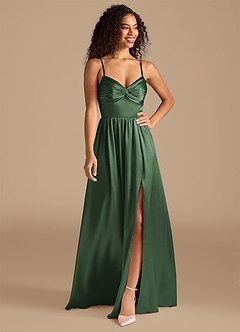 Azazie Zeya Bridesmaid Dresses Eucalyptus A-Line Pleated Metallic Satin Dress image1